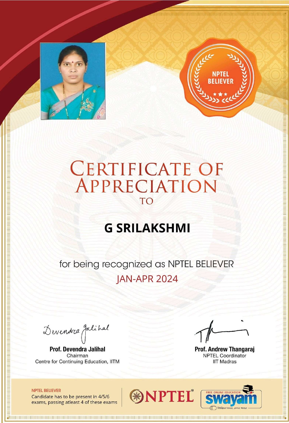 NPTEL Believer Certificate