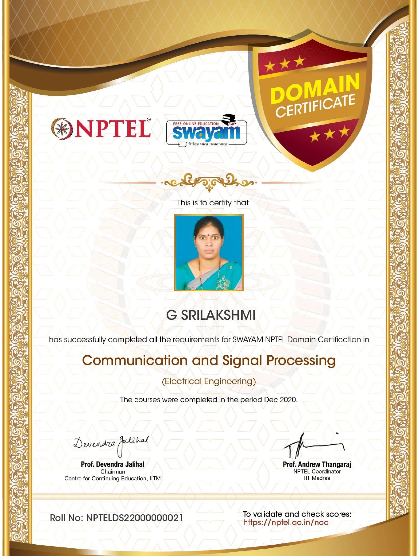 NPTEL Domain Scholar Certificate